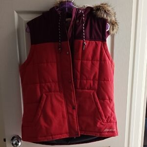 Eddie Bauer Red and Burgundy Vest with Faux Fur
